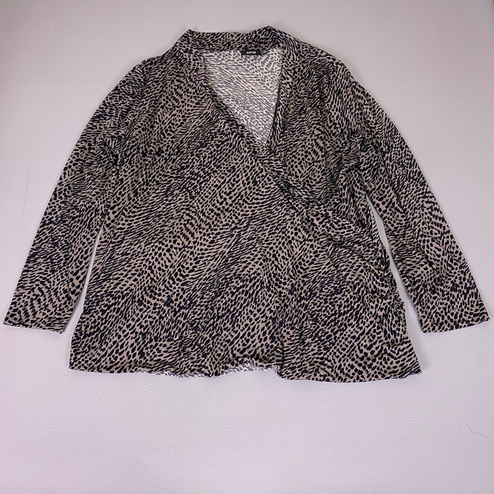 Apt 9 Top Womens 2X Faux Wrap Animal Leopard Print Long Sleeve V-Neck Ruched Tan